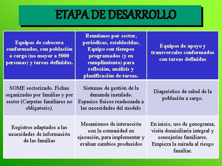 ETAPA DE DESARROLLO Equipos de cabecera conformados, con población a cargo (no mayor a