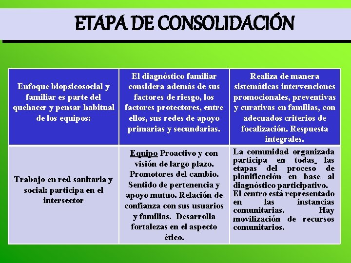 ETAPA DE CONSOLIDACIÓN Enfoque biopsicosocial y familiar es parte del quehacer y pensar habitual