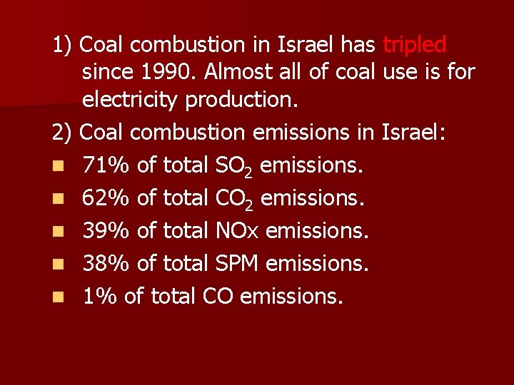 1) Coal combustion in Israel has tripled since 1990. Almost all of coal use