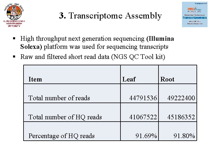 3. Transcriptome Assembly § High throughput next generation sequencing (Illumina Solexa) platform was used