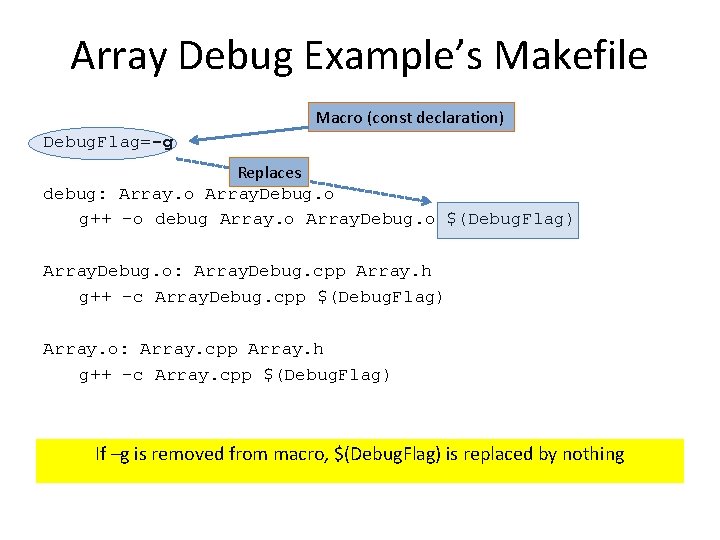 Array Debug Example’s Makefile Macro (const declaration) Debug. Flag=-g Replaces debug: Array. o Array.