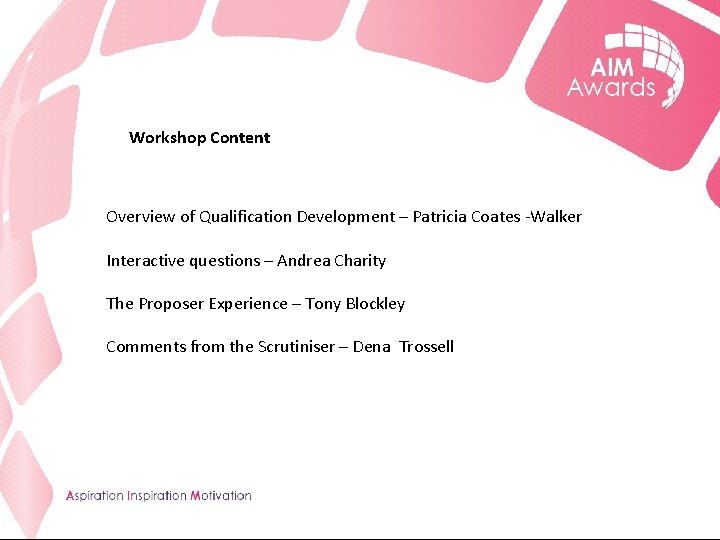 Workshop Content Overview of Qualification Development – Patricia Coates -Walker Interactive questions – Andrea