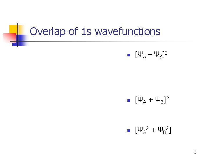 Overlap of 1 s wavefunctions n [ΨA – ΨB]2 n [ΨA + ΨB]2 n
