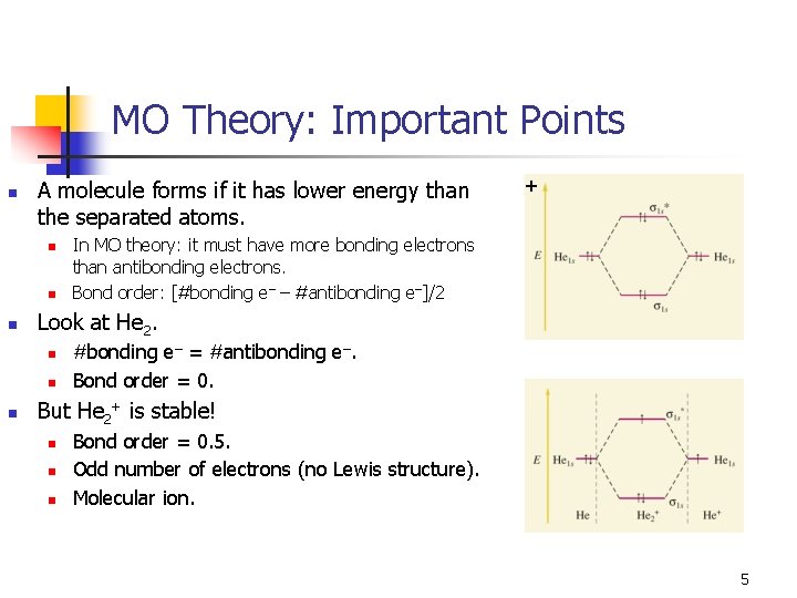 MO Theory: Important Points n A molecule forms if it has lower energy than