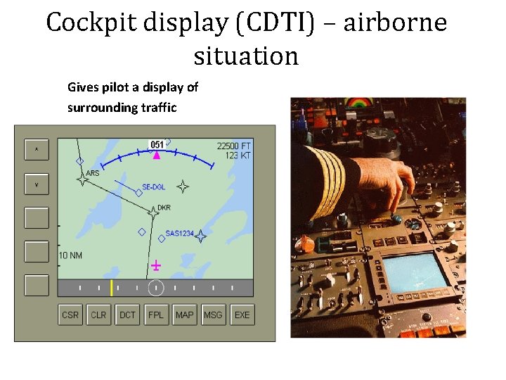 Cockpit display (CDTI) – airborne situation Gives pilot a display of surrounding traffic 