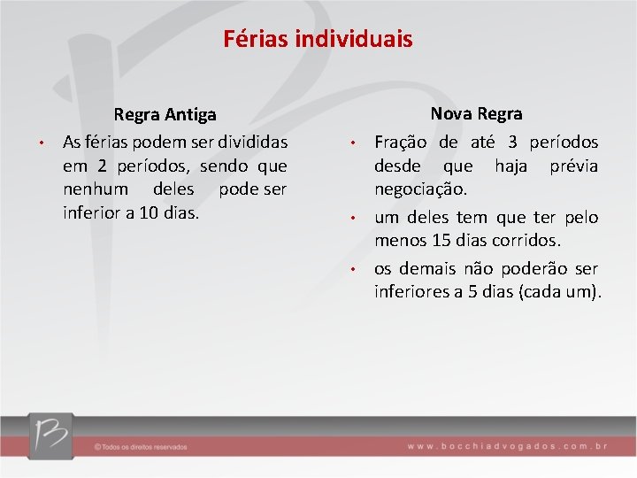 Férias individuais Regra Antiga • As férias podem ser divididas em 2 períodos, sendo