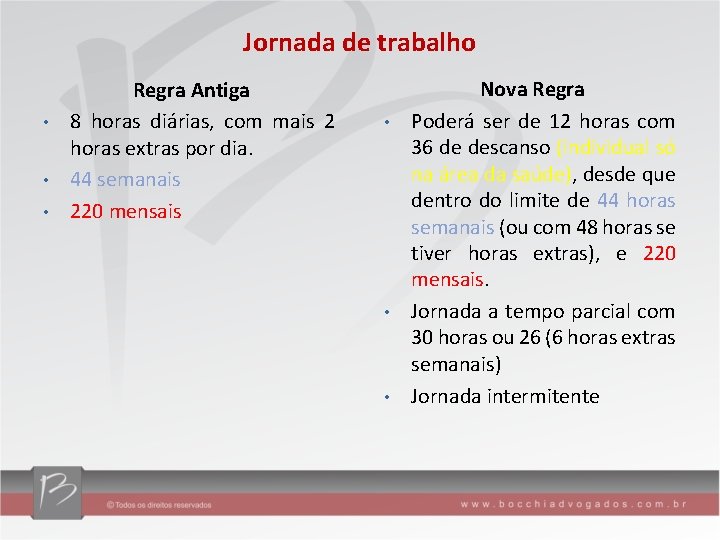 Jornada de trabalho Regra Antiga • 8 horas diárias, com mais 2 horas extras