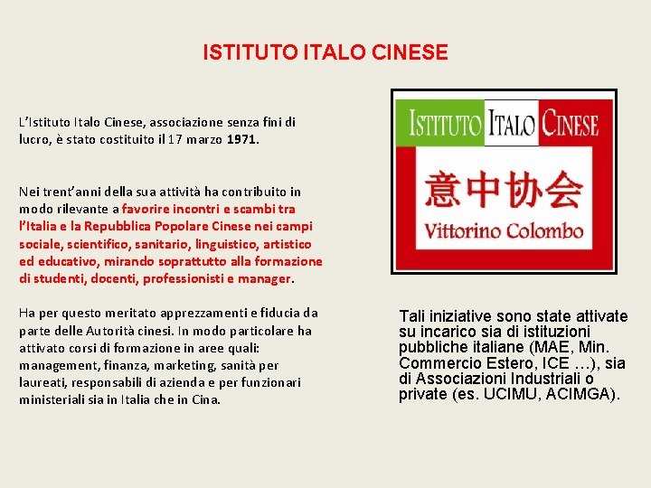 ISTITUTO ITALO CINESE L’Istituto Italo Cinese, associazione senza fini di lucro, è stato costituito