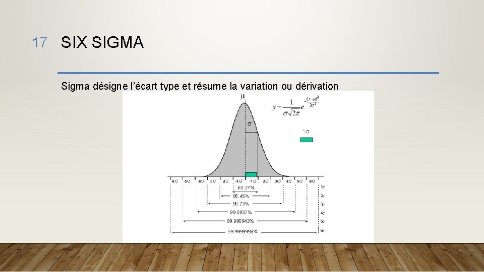 17 SIX SIGMA Sigma désigne l’écart type et résume la variation ou dérivation 