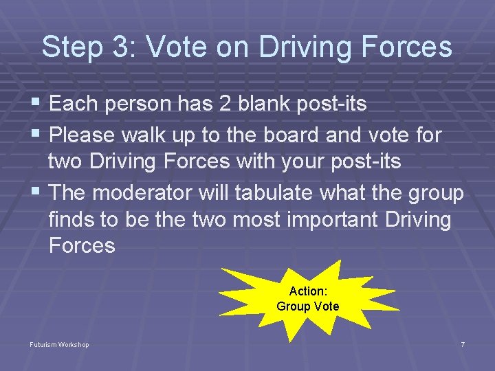 Step 3: Vote on Driving Forces § Each person has 2 blank post-its §