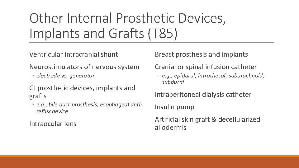 Other Internal Prosthetic Devices, Implants and Grafts (T 85) Ventricular intracranial shunt Breast prosthesis