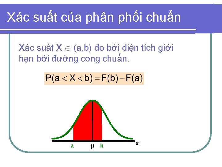 Xác suất của phân phối chuẩn Xác suất X (a, b) đo bởi diện