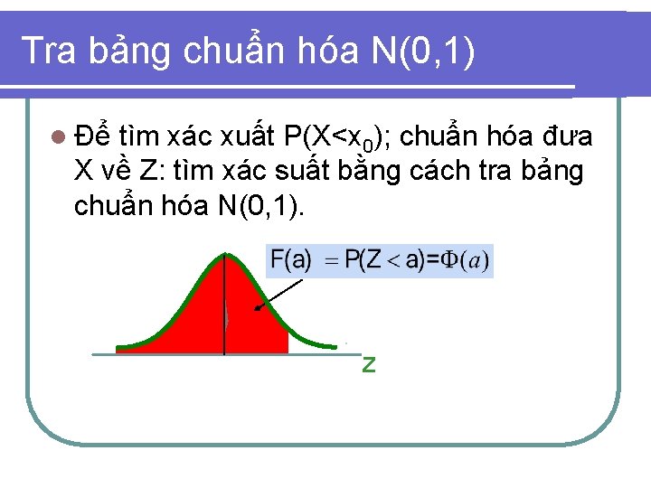 Tra bảng chuẩn hóa N(0, 1) l Để tìm xác xuất P(X<x 0); chuẩn