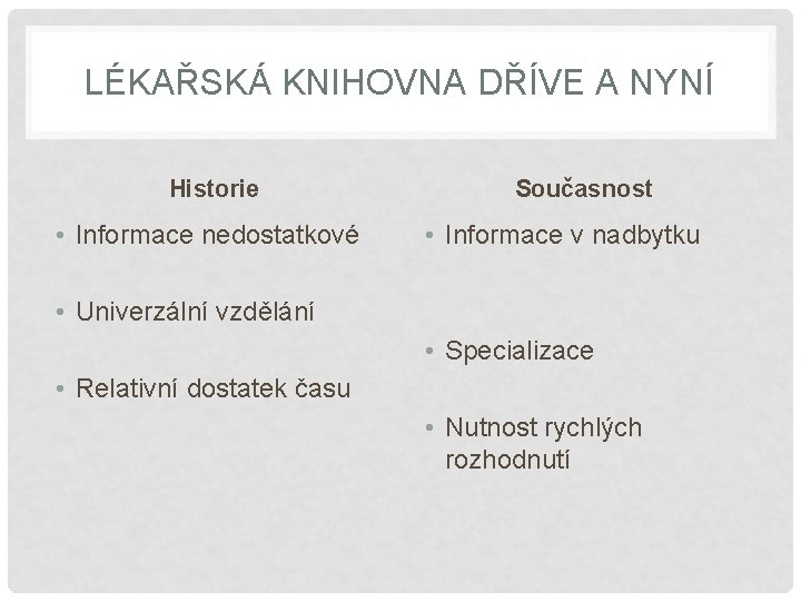 LÉKAŘSKÁ KNIHOVNA DŘÍVE A NYNÍ Historie • Informace nedostatkové Současnost • Informace v nadbytku