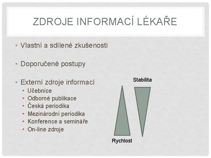 ZDROJE INFORMACÍ LÉKAŘE • Vlastní a sdílené zkušenosti • Doporučené postupy Stabilita • Externí