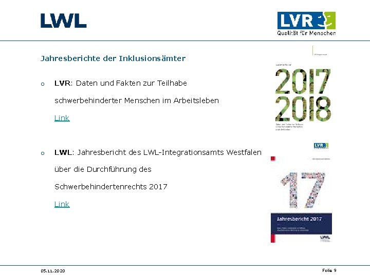 Jahresberichte der Inklusionsämter o LVR: Daten und Fakten zur Teilhabe schwerbehinderter Menschen im Arbeitsleben