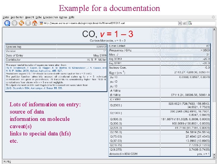 Example for a documentation Lots of information on entry: source of data information on
