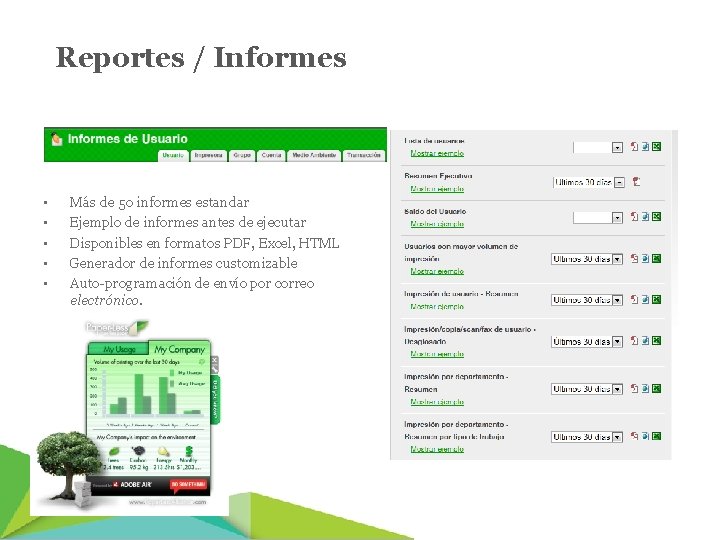 Reportes / Informes • • • Más de 50 informes estandar Ejemplo de informes