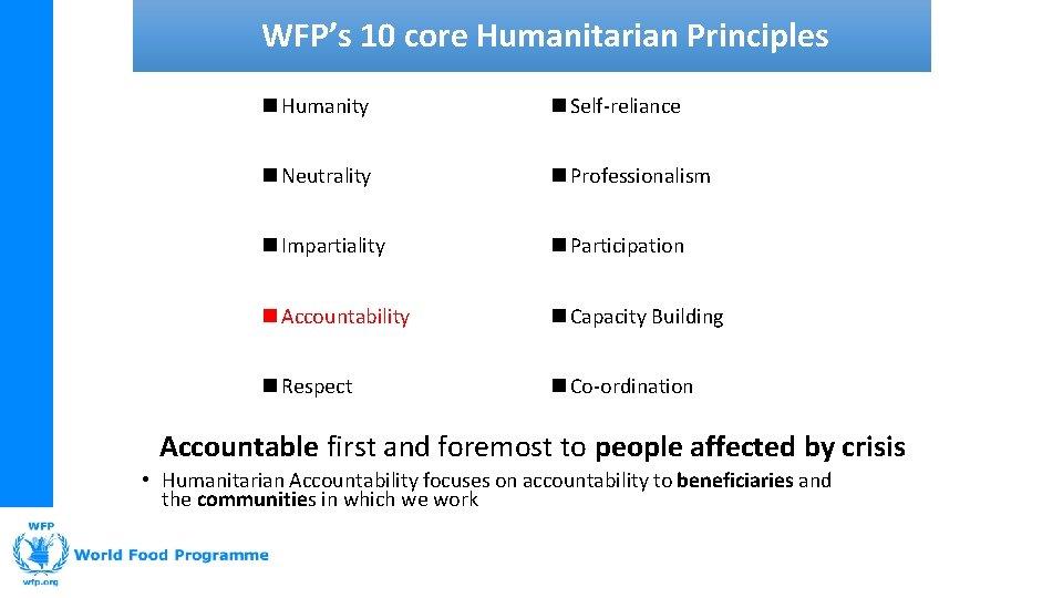 WFP’s 10 core Humanitarian Principles n Humanity n Self-reliance n Neutrality n Professionalism n