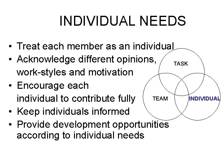 INDIVIDUAL NEEDS • Treat each member as an individual • Acknowledge different opinions, TASK
