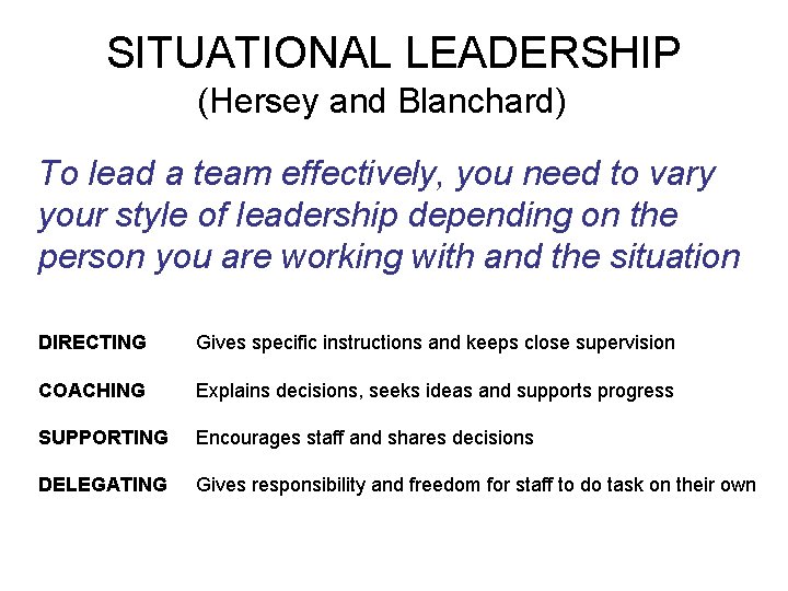 SITUATIONAL LEADERSHIP (Hersey and Blanchard) To lead a team effectively, you need to vary