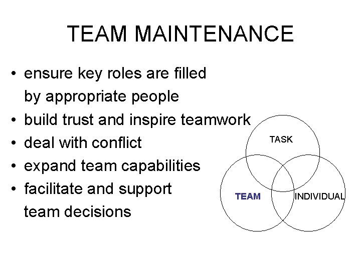 TEAM MAINTENANCE • ensure key roles are filled by appropriate people • build trust
