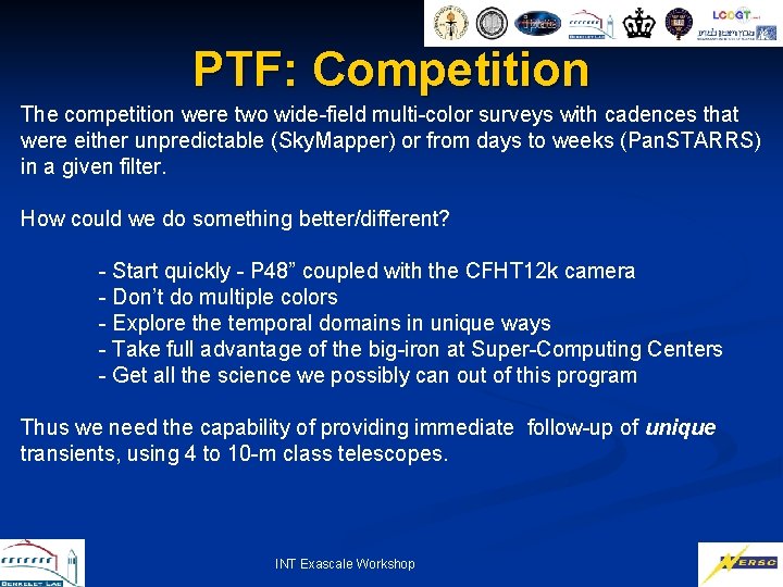 PTF: Competition The competition were two wide-field multi-color surveys with cadences that were either
