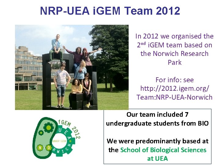 NRP-UEA i. GEM Team 2012 In 2012 we organised the 2 nd i. GEM