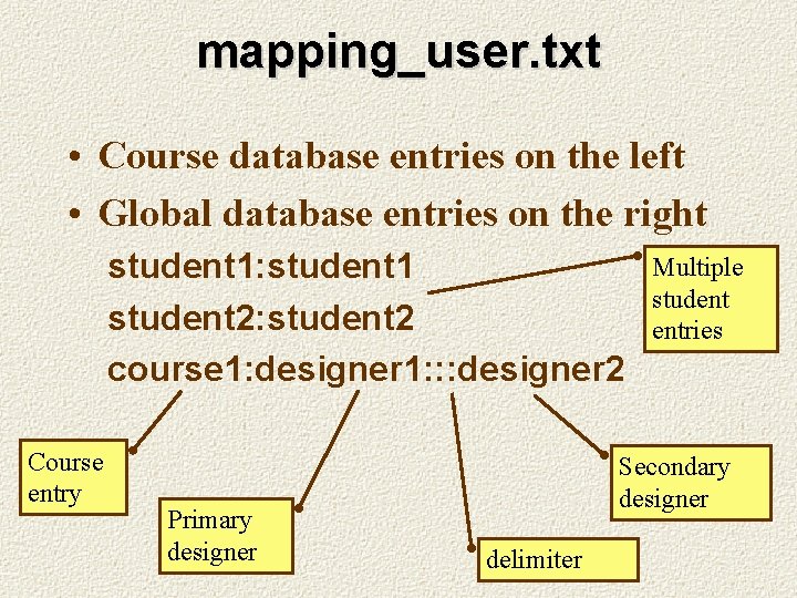 mapping_user. txt • Course database entries on the left • Global database entries on