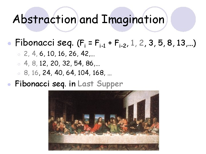 Abstraction and Imagination ● Fibonacci seq. (Fi = Fi-1 + Fi-2, 1, 2, 3,