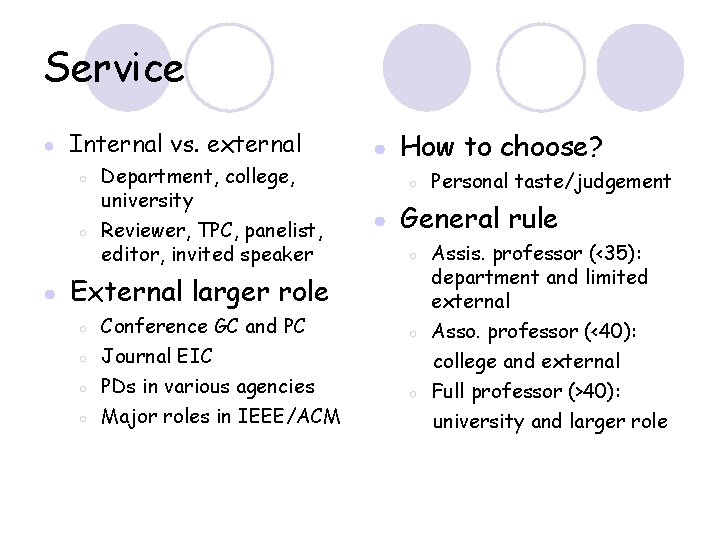Service ● Internal vs. external ○ ○ ● Department, college, university Reviewer, TPC, panelist,