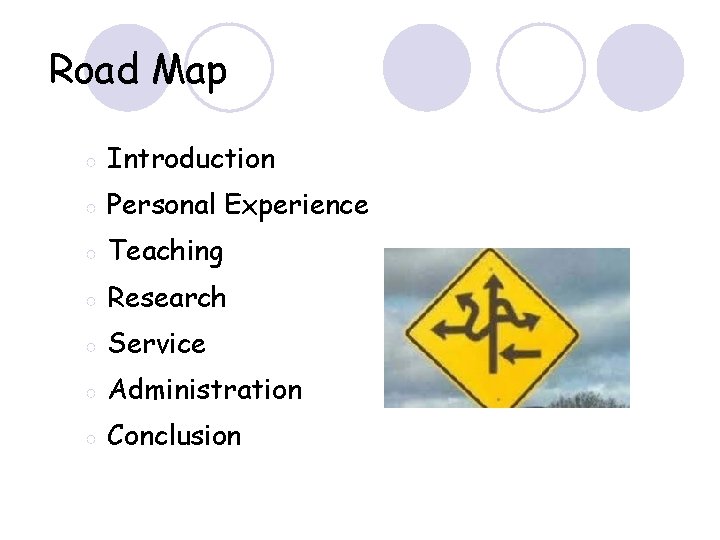 Road Map ○ Introduction ○ Personal Experience ○ Teaching ○ Research ○ Service ○