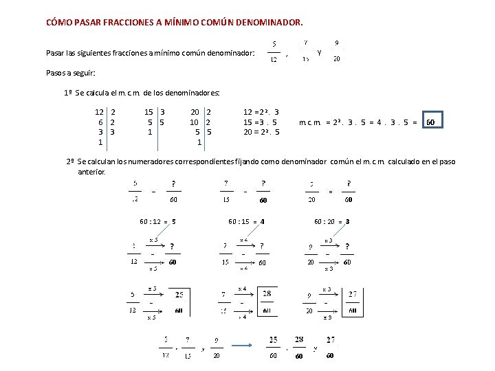 CÓMO PASAR FRACCIONES A MÍNIMO COMÚN DENOMINADOR. Pasar las siguientes fracciones a mínimo común CÓMO PASAR FRACCIONES A MÍNIMO COMÚN DENOMINADOR. Pasar las siguientes fracciones a mínimo común