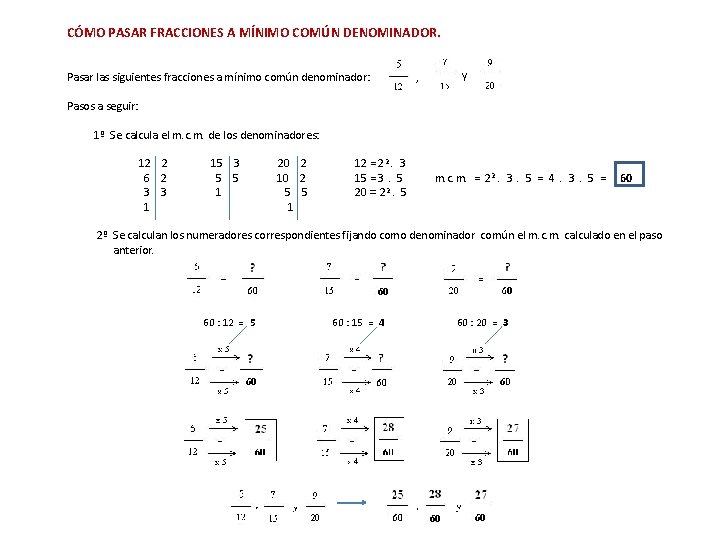 CÓMO PASAR FRACCIONES A MÍNIMO COMÚN DENOMINADOR. Pasar las siguientes fracciones a mínimo común
