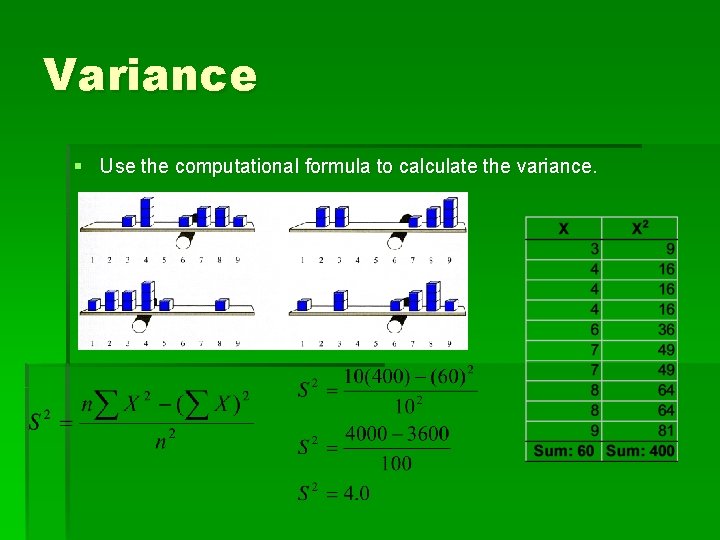Variance § Use the computational formula to calculate the variance. 