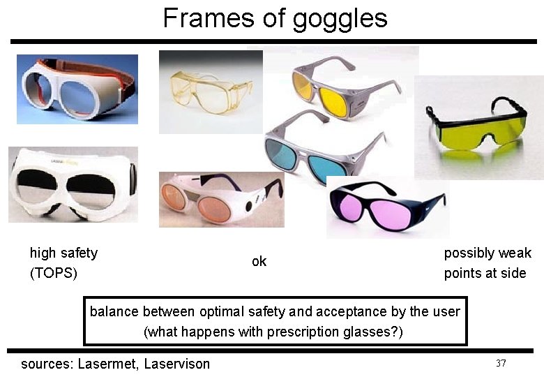 Frames of goggles high safety (TOPS) ok possibly weak points at side balance between
