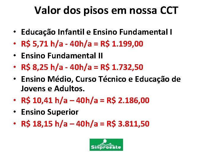 Valor dos pisos em nossa CCT Educação Infantil e Ensino Fundamental I R$ 5,