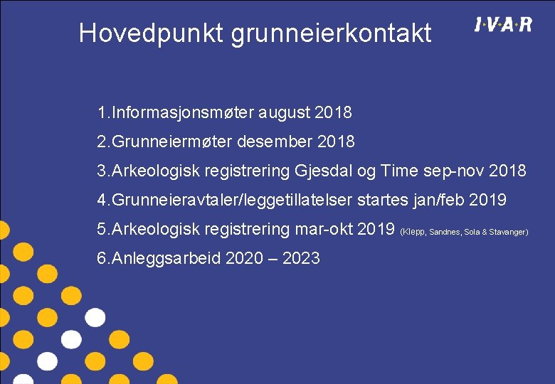 Hovedpunkt grunneierkontakt 1. Informasjonsmøter august 2018 2. Grunneiermøter desember 2018 3. Arkeologisk registrering Gjesdal