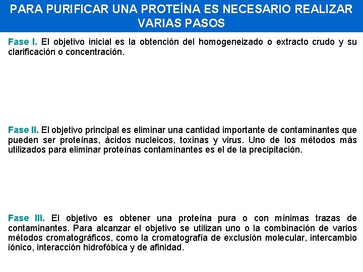 PARA PURIFICAR UNA PROTEÍNA ES NECESARIO REALIZAR VARIAS PASOS Fase I. El objetivo inicial