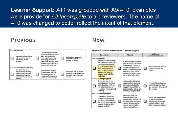 Learner Support: A 11 was grouped with A 9 -A 10; examples were provide