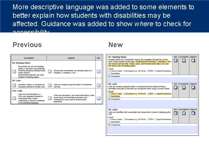 More descriptive language was added to some elements to better explain how students with