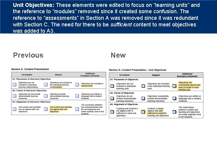 Unit Objectives: These elements were edited to focus on “learning units” and the reference