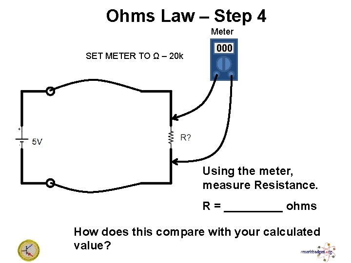 Ohms Law – Step 4 Meter SET METER TO Ω – 20 k 000