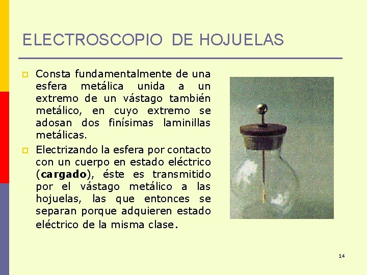 ELECTROSCOPIO DE HOJUELAS p p Consta fundamentalmente de una esfera metálica unida a un