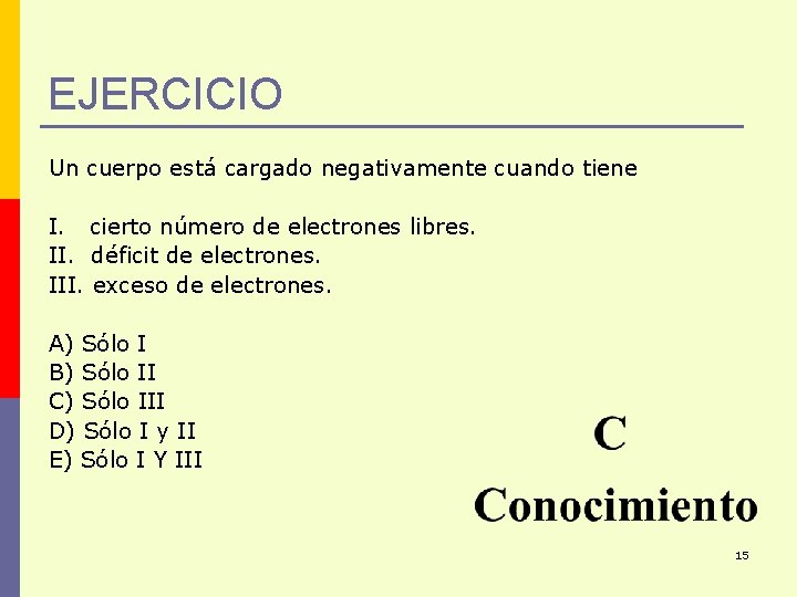 EJERCICIO Un cuerpo está cargado negativamente cuando tiene I. cierto número de electrones libres.