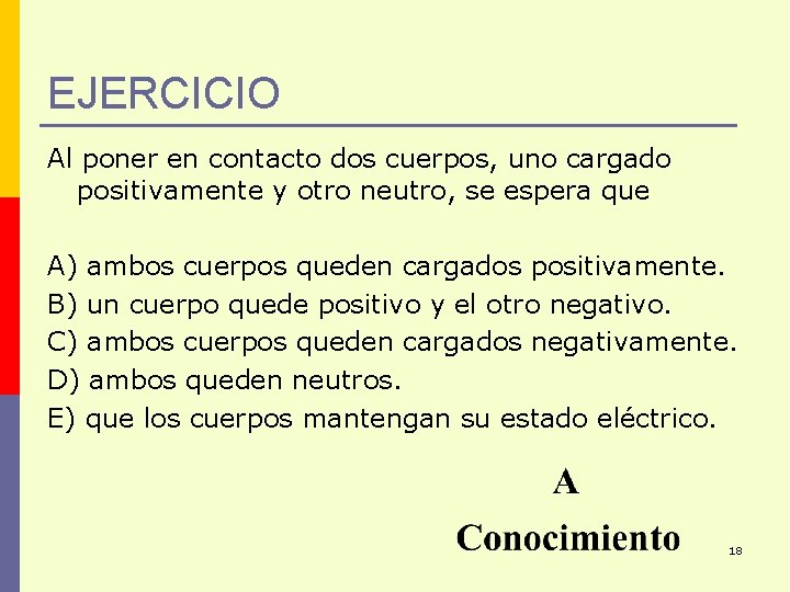 EJERCICIO Al poner en contacto dos cuerpos, uno cargado positivamente y otro neutro, se