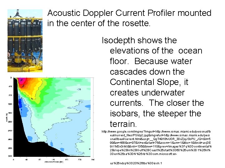 Acoustic Doppler Current Profiler mounted in the center of the rosette. Isodepth shows the