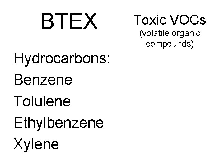 BTEX Hydrocarbons: Benzene Tolulene Ethylbenzene Xylene Toxic VOCs (volatile organic compounds) 