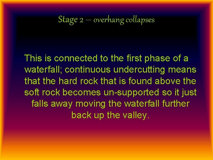 Stage 2 – overhang collapses This is connected to the first phase of a