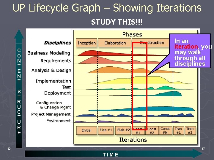 UP Lifecycle Graph – Showing Iterations STUDY THIS!!! In an iteration, you may walk